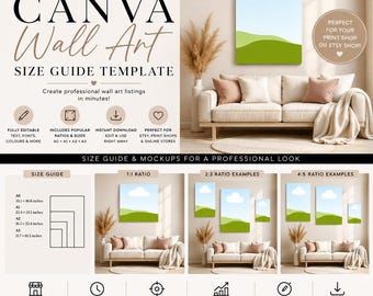 May include: A Canva wall art size guide template featuring text, icons, and mockups of a landscape painting with a blue sky, white cloud, and green hills. The guide displays A0, A1, A2, and A3 sizes in inches and various aspect ratio examples.
