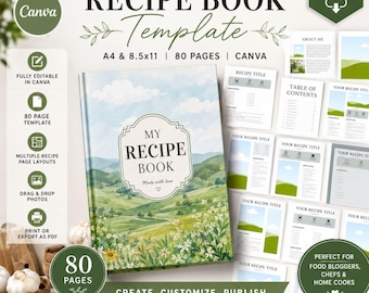 May include: An editable recipe book template for Canva featuring an 80-page layout in A4 and 8.5x11 inch sizes. The cover displays a landscape illustration of rolling green hills, wildflowers, and a blue sky with the text My Recipe Book.