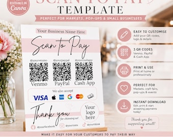 May include: A white and light pink Scan to Pay template sign featuring three QR code placeholders for Venmo, PayPal, and Cash App, along with icons for Visa, Apple Pay, American Express, Google Pay, Mastercard, and cash payment options.