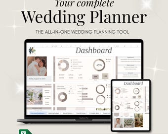 May include: A laptop and tablet displaying a wedding planner dashboard. The screen shows budget tracking and planning tools. Text includes "Your complete Wedding Planner" and "Instant Access with Google Sheets."