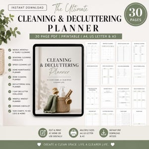 May include: A digital cleaning and decluttering planner featuring 30 pages in A4, US Letter, and A5 sizes. The cover displays the text Cleaning & Decluttering Planner, A Clean Home, A Calm Mind, A Happy Life, with a basket of brushes and a cloth.