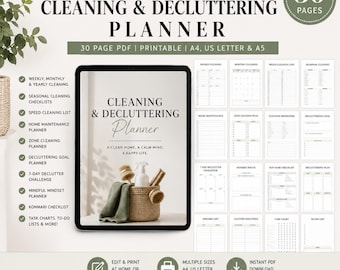 Può includere: Un planner digitale per la pulizia e il riordino di 30 pagine nei formati A4, US Letter e A5. La copertina mostra il testo Cleaning & Decluttering Planner, A Clean Home, A Calm Mind, A Happy Life, con un cestino di spazzole e un panno.