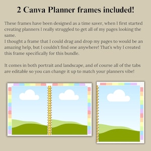 Pu&ograve; includere: Due cornici per planner Canva con un bordo arcobaleno colorato e un cielo con nuvole e colline verdi. Le cornici sono progettate per essere utilizzate come un risparmio di tempo per la creazione di planner.
