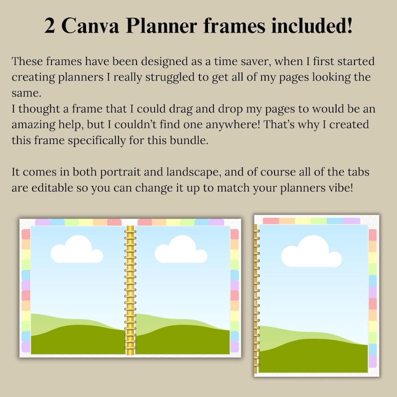 Pu&ograve; includere: Due cornici per planner Canva con un bordo arcobaleno colorato e un cielo con nuvole e colline verdi. Le cornici sono progettate per essere utilizzate come un risparmio di tempo per la creazione di planner.