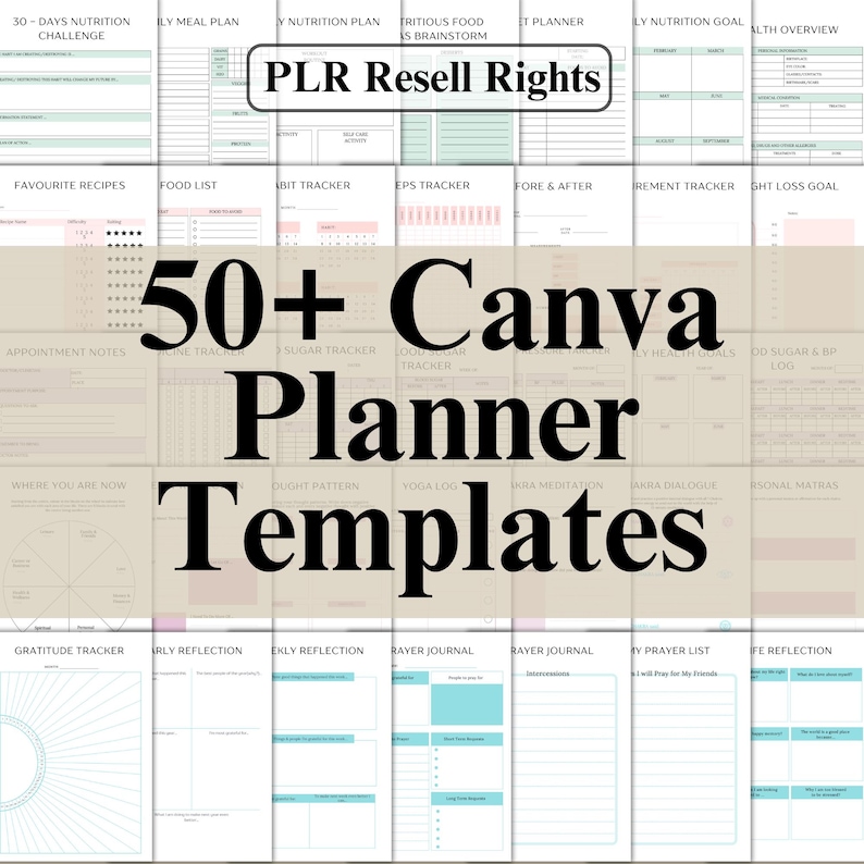 Pu&ograve; includere: Un collage di oltre 50 modelli di planner Canva su uno sfondo beige. I modelli sono organizzati in una griglia e presentano vari design di planner, tra cui un tracker nutrizionale, un tracker delle abitudini, un tracker dello zucchero, un tracker della gratitudine, un diario di preghiera e un planner di riflessione settimanale. Il testo "50+ modelli di planner Canva" &egrave; visualizzato in grandi caratteri grassetto al centro dell'immagine.