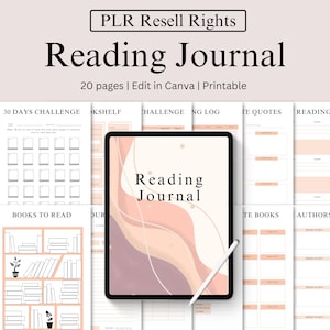 PLR Reading Journal, modello di pianificatore Canva da modificare e rivendere, pianificatore di libri e letture con licenza di rivendita