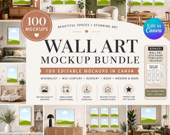 May include: A digital bundle of 100 wall art mockups featuring various interior room scenes with framed landscape prints of green hills and blue skies. The graphic includes text labels such as 100 MOCKUPS, WALL ART MOCKUP BUNDLE, and Edit in Canva.