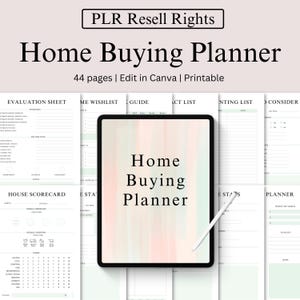 Könnte beinhalten: Ein digitaler Home-Buying-Planer mit dem Text "Home Buying Planner" auf einem Tablet-Bildschirm. Der Planer umfasst 44 Seiten und ist in Canva bearbeitbar. Verschiedene Planungsblätter sind im Hintergrund sichtbar.