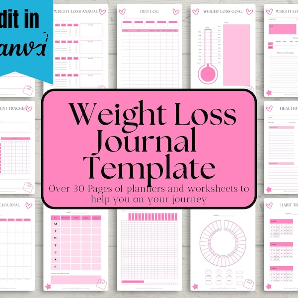 PLR Planner Weight Loss Tracker Food Journal Templates Edit on Canva Printable Weight Loss Journal Health Tracker Diet Planner