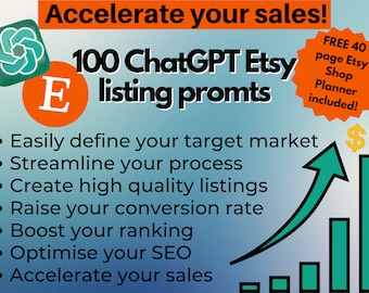 ChatGPT Prompts to create bestselling Etsy listings, Optimise your Etsy SEO to boost your sales, digital product ChatGPT ebook guide