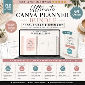Ultimate Canva Planner Bundle listing image featuring 56 editable digital planners with over 1,500 Canva templates, PLR commercial use license, planner frame with clickable tabs, free Canva Crash Course eBook, 150+ five-star reviews, and planners for wellness, business, finance, home organization, personal growth, and lifestyle.