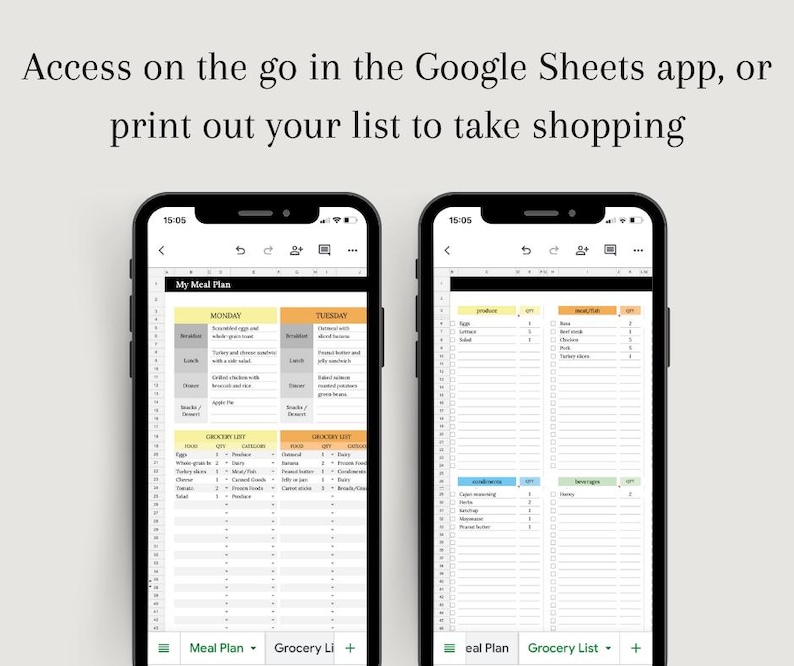 Google Sheets Meal Planner Spreadsheet and Grocery Shopping List - for ...