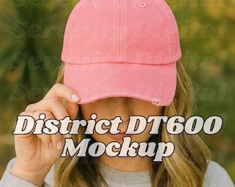 Pink Distressed Baseball Cap Mockup: Woman Wearing District DT600 (PNG JPEG)
