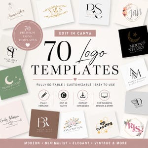 Puede incluir: Una colección de 70 plantillas de logotipos con varios diseños, incluyendo estilos florales, celestiales y tipográficos. El texto dice 70 Logo Templates, Edit in Canva, Fully Editable, Customizable, Easy to Use, Instant Download.