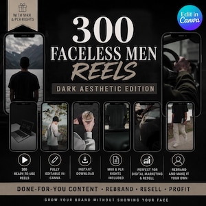 May include: A digital product bundle featuring 300 faceless men reels in a dark aesthetic edition. The graphic displays multiple smartphone screens showing video clips, with text overlays including '300 FACELESS MEN REELS' and 'WITH MRR & PLR RIGHTS'.