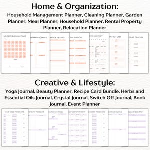 Household Management Planner, Cleaning Planner, Garden Planner, Meal Planner, Rental Property Planner, Relocation Planner Yoga Journal, Beauty Planner, Recipe Card Bundle, Herbs and Essential Oils Journal, Book Journal, Event Planner