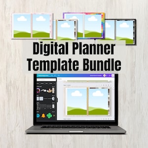 Puede incluir: Un ordenador portátil que muestra un paquete de plantillas de planificador digital. La pantalla muestra un planificador digital con un diseño de paisaje verde y azul. El portátil está sobre una superficie de madera clara.