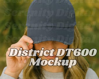 Blue Distressed Baseball Cap Mockup: Woman Wearing District DT600 (PNG JPEG)