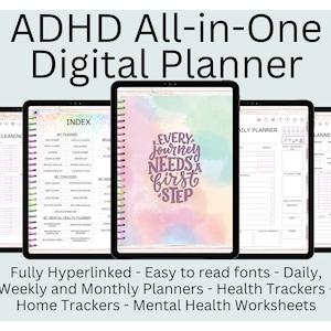 Könnte beinhalten: Ein digitaler Planer für Menschen mit ADHS. Der Planer enthält tägliche, wöchentliche und monatliche Kalender sowie Tracker für Gesundheit, Haushalt und psychische Gesundheit. Der Planer ist vollständig verlinkt und verfügt über leicht lesbare Schriftarten. Das Cover zeigt einen Aquarellhintergrund mit dem Text "Jeder Weg braucht einen ersten Schritt."
