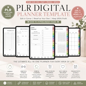 PLR Planner Template | Canva Digital Planner | Editable Hyperlinked Planner | Private Label Rights | Resell Template | 70+ Pages
