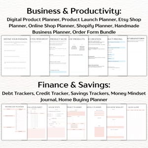 Digital Product Planner, Product Launch Planner, Etsy Shop Planner, Online Shop Planner, Shopify Planner, Handmade Business Planner, Order Form Bundle Debt Trackers, Credit Tracker, Savings Trackers, Money Mindset Journal, Home Buying Planner