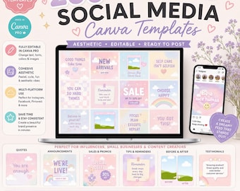 May include: A digital product display featuring 200 pastel social media templates for Canva. The image shows a laptop screen and a smartphone displaying various graphic designs with soft pink, blue, and yellow gradients, clouds, and text.