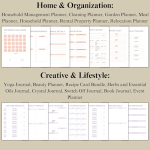 Pu&ograve; includere: Un collage di pagine di pianificatore stampabili con titoli come "Casa e organizzazione" e "Creativit&agrave; e stile di vita". Le pagine sono suddivise in sezioni con intestazioni come "Sfida senza spese", "Budget mensile", "Prodotti per la cura dei capelli" e "Routine di cura della pelle".