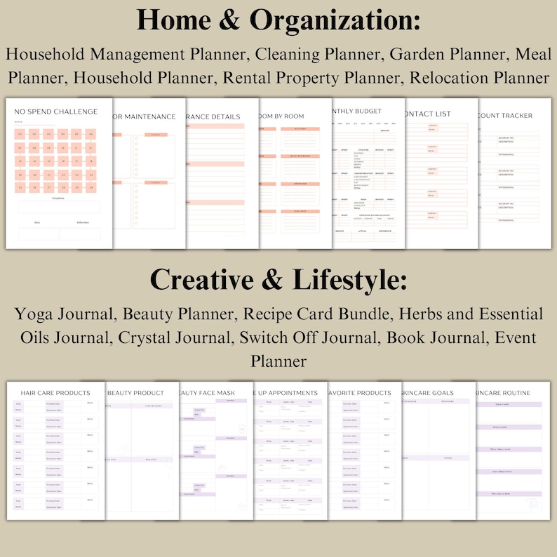 Pu&ograve; includere: Un collage di pagine di pianificatore stampabili con titoli come "Casa e organizzazione" e "Creativit&agrave; e stile di vita". Le pagine sono suddivise in sezioni con intestazioni come "Sfida senza spese", "Budget mensile", "Prodotti per la cura dei capelli" e "Routine di cura della pelle".