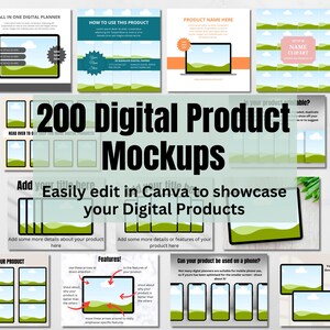 May include: A collection of 200 digital product mockups that can be easily edited in Canva to showcase digital products. The mockups feature a variety of devices, including laptops, phones, and tablets, and are set against a green and blue background. The text "200 Digital Product Mockups" is displayed in large, bold letters.