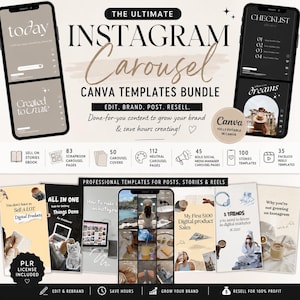 May include: A digital bundle of Instagram carousel Canva templates featuring various social media post designs, including checklists, story layouts, and reels. The graphic displays text such as THE ULTIMATE INSTAGRAM CAROUSEL CANVA TEMPLATES BUNDLE.