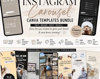 May include: A digital bundle of Instagram carousel Canva templates featuring various social media post designs, including checklists, story layouts, and reels. The graphic displays text such as THE ULTIMATE INSTAGRAM CAROUSEL CANVA TEMPLATES BUNDLE.