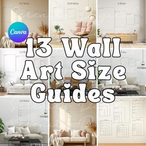壁アートのサイズ比率ガイド、壁アートのサイズ調整用Canvaテンプレート、ポスター印刷サイズ表、アート販売者向けニュートラルな美的モックアップ