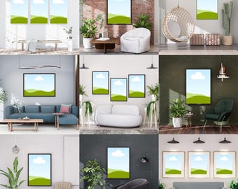 May include: Nine framed landscape art prints with a blue sky and green hills are displayed in various interior settings. The prints are in black frames and are arranged in different configurations, including a triptych and a single large print.