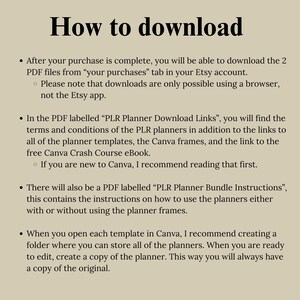 Pu&ograve; includere: Un documento di testo con istruzioni su come scaricare e utilizzare modelli di pianificatore. Il documento include informazioni sui termini e condizioni, i frame di Canva e un eBook gratuito di Canva Crash Course.