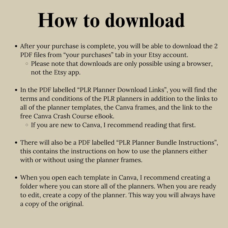 Pu&ograve; includere: Un documento di testo con istruzioni su come scaricare e utilizzare modelli di pianificatore. Il documento include informazioni sui termini e condizioni, i frame di Canva e un eBook gratuito di Canva Crash Course.