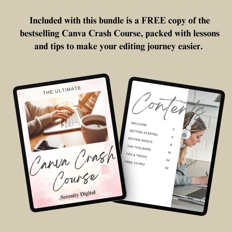 Pu&ograve; includere: Un mockup di prodotto digitale che mostra la copertina di un corso online intitolato "The Ultimate Canva Crash Course". La copertina presenta una donna che lavora su un laptop con una tazza di caff&egrave;. Il contenuto del corso &egrave; elencato sul lato destro dell'immagine, inclusi argomenti come "Benvenuto", "Inizio", "Fondamenti di editing", "Le barre degli strumenti", "Suggerimenti e trucchi", e "Gratuito vs Pro".