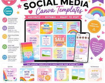 May include: A digital collection of 200 bright and colorful social media Canva templates featuring various pastel designs, motivational quotes, and promotional graphics displayed on a laptop screen and a smartphone, alongside a rainbow-striped notebook.