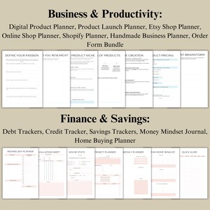 Pu&ograve; includere: Un collage di pagine di pianificatore stampabili per affari e finanze. La sezione superiore presenta pagine per la pianificazione aziendale, tra cui il lancio di prodotti, il negozio Etsy, il negozio online, Shopify e l'attivit&agrave; artigianale. La sezione inferiore presenta pagine per finanze e risparmi, tra cui tracker di debiti, tracker di credito, tracker di risparmi, diari di mentalit&agrave; finanziaria e l'acquisto di una casa.