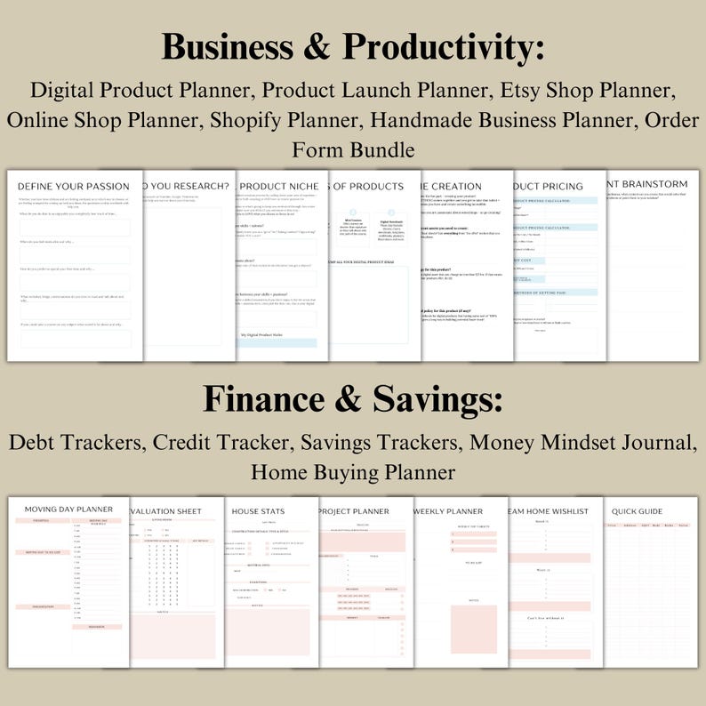 Pu&ograve; includere: Un collage di pagine di pianificatore stampabili per affari e finanze. La sezione superiore presenta pagine per la pianificazione aziendale, tra cui il lancio di prodotti, il negozio Etsy, il negozio online, Shopify e l'attivit&agrave; artigianale. La sezione inferiore presenta pagine per finanze e risparmi, tra cui tracker di debiti, tracker di credito, tracker di risparmi, diari di mentalit&agrave; finanziaria e l'acquisto di una casa.