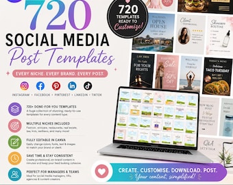 May include: A digital marketing bundle featuring 720 social media post templates for Canva. The graphic displays a laptop screen showing a grid of editable templates, surrounded by promotional text, icons for Instagram, Facebook, Pinterest, LinkedIn, and TikTok, and a list of features including instant download and multi-niche compatibility.