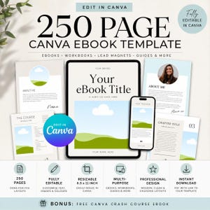 Puede incluir: Un conjunto de plantillas de libro electrónico de Canva de 250 páginas con múltiples diseños de página, incluyendo secciones sobre mí, módulos de cursos y títulos de capítulos. El diseño incluye una tableta y un smartphone con un paisaje.