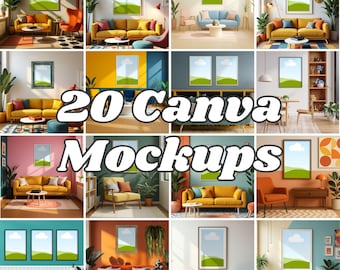 May include: A collage of 20 interior design mockups, each featuring a framed artwork with a landscape scene. The mockups showcase various living room settings with colorful sofas, chairs, and decorative elements. The text "20 Canva Mockups" is displayed prominently.