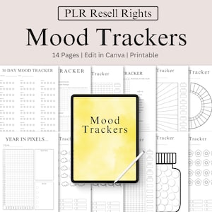 Può includere: Un set di 14 pagine di tracciamento dell'umore stampabili in bianco e nero. Le pagine presentano diversi design, tra cui un tracciamento dell'umore di 30 giorni, un tracciamento dell'umore in pixel e un tracciamento dell'umore con un design a barattolo. Il testo "Mood Trackers" è scritto in nero su uno sfondo giallo.