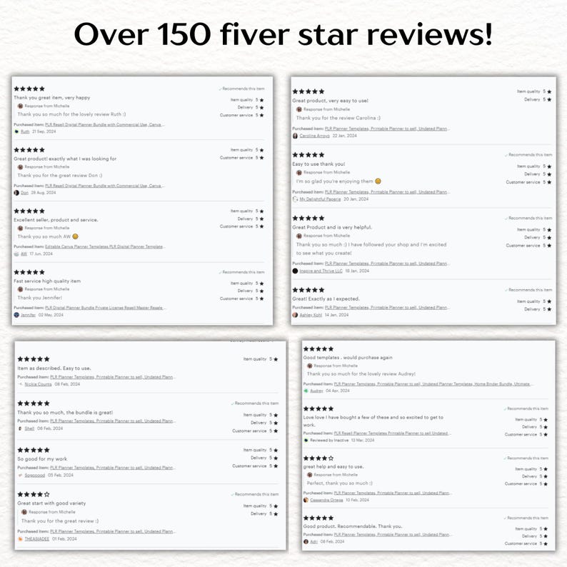 hundreds of 5 star reviews from previous customers of the huge plr digital planner bundle