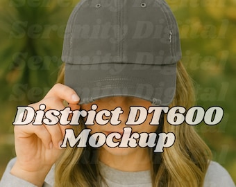 Distressed Baseball Cap Mockup: Woman Wearing Grey Hat (PNG JPEG Digital Download
