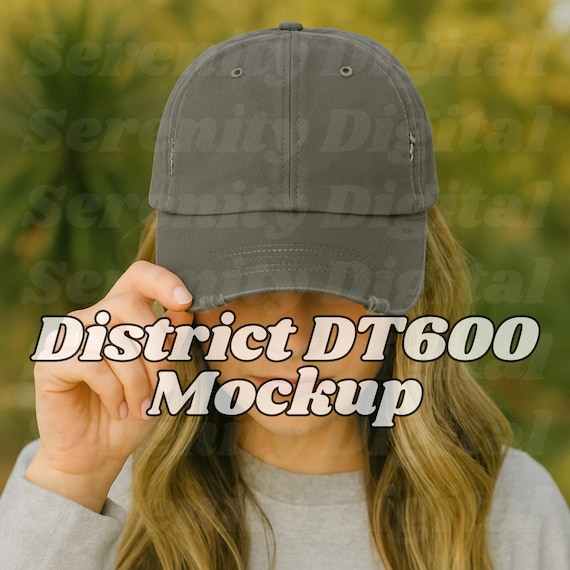 Distressed Baseball Cap Mockup: Woman Wearing Grey Hat (PNG JPEG