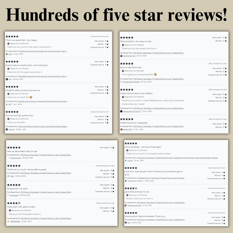Pu&ograve; includere: Un collage di recensioni dei clienti per un negozio Etsy, che mostra valutazioni a cinque stelle e commenti positivi. Le recensioni evidenziano la qualit&agrave; dei prodotti, la facilit&agrave; d'uso e l'eccellente servizio clienti. Il testo include frasi come "ottimo prodotto", "facile da usare", "servizio veloce" e "grande aiuto".
