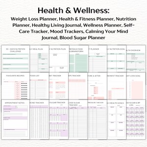 Weight Loss Planner, Health & Fitness Planner, Nutrition Planner, Healthy Living Journal, Wellness Planner, Self-Care Tracker, Mood Trackers, Calming Your Mind Journal, Blood Sugar Planner