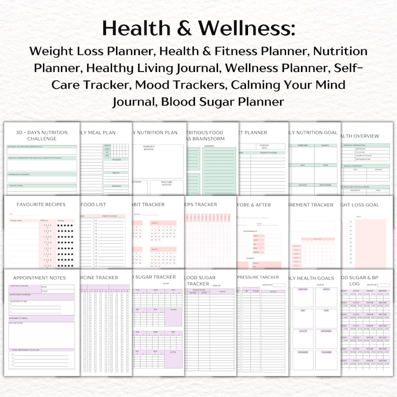 Weight Loss Planner, Health & Fitness Planner, Nutrition Planner, Healthy Living Journal, Wellness Planner, Self-Care Tracker, Mood Trackers, Calming Your Mind Journal, Blood Sugar Planner