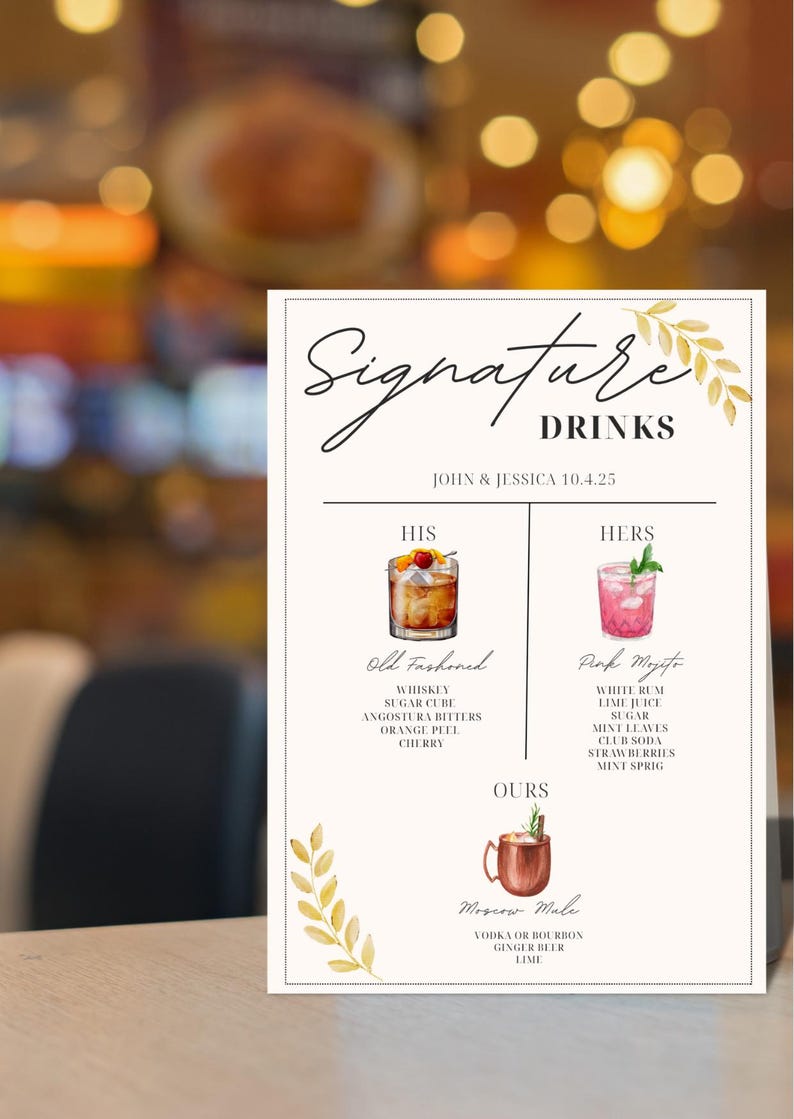 Custom Fall Wedding Cocktail Sign: His & Hers Drink Menu | Canva ...